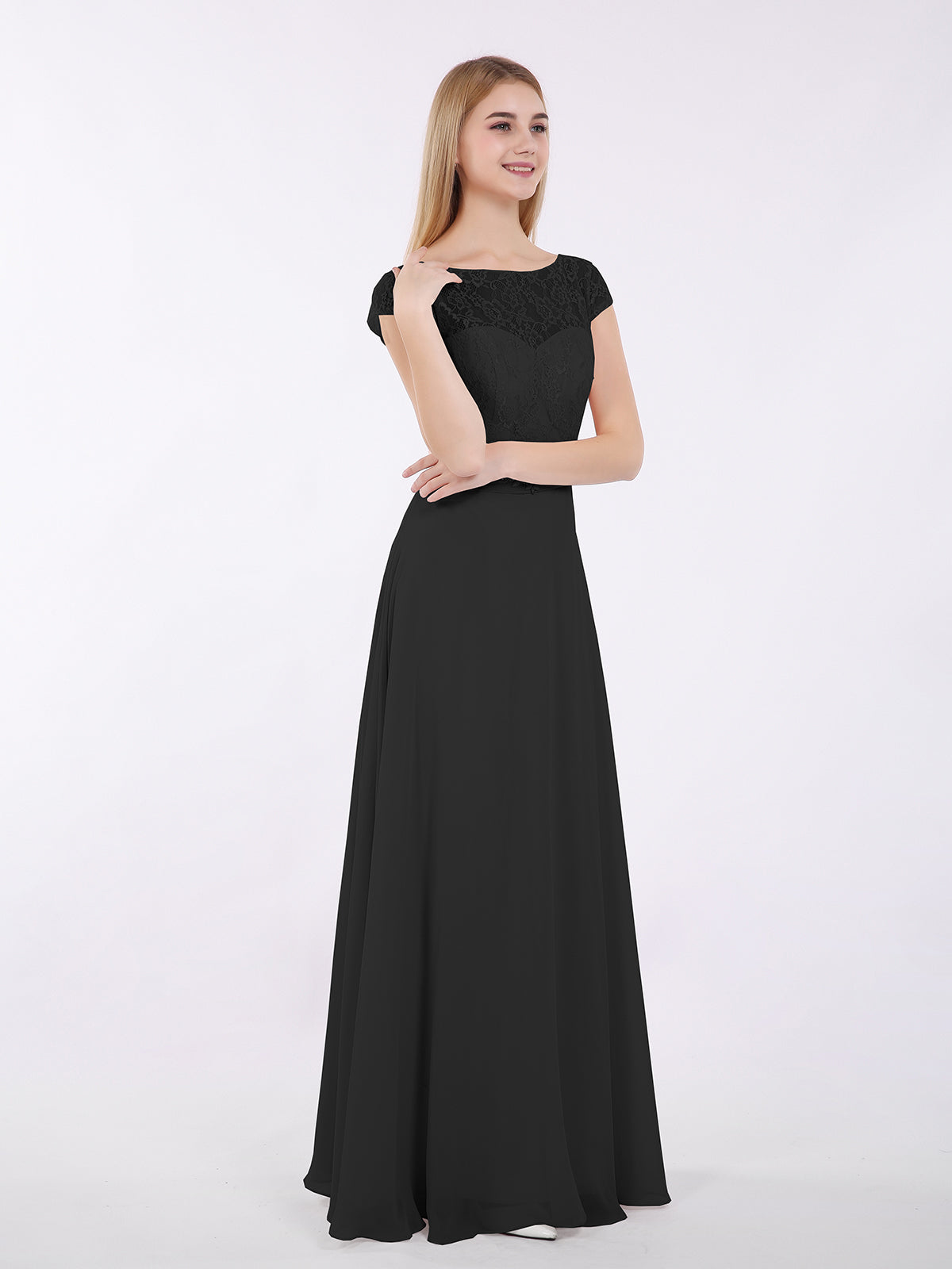 Lace and Chiffon Long Dress with Cap Sleeves Vintage Mauve